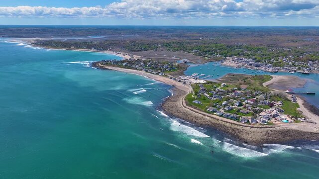 Scituate Harbor aerial view including First Cliff village and Cedar Point in town of Scituate, Massachusetts MA, USA. 