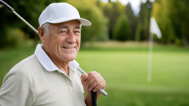 Senior man golf instructor white cap polo shirt smiling outdoor golf course green grass relaxed mood