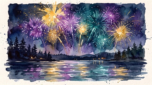 Watercolor painting of colorful fireworks exploding over a serene lake surrounded by pine trees at night