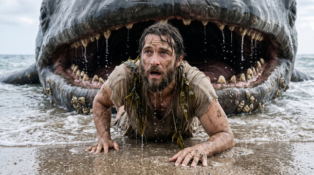 Man versus Leviathan: A desperate man, washed ashore and covered in seaweed, faces the terrifying maw of a colossal sea creature, a scene of primal fear and survival.
