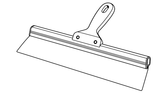 Plaster drywall finishing blade featuring a wide flexible metal plate, extruded aluminum spine backer, and riveted handle, drawn as a masonry construction tool black contour vector icon
