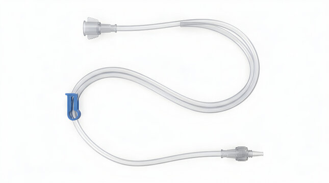 Medical intravenous extension set isolated on transparent background for clinical infusion therapy