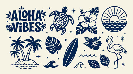 Set of Summer Tropical Aloha Vibes Vector Icons and Illustration Elements © Crafted Creations