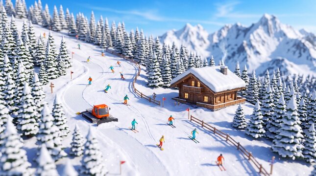 Tilt-shift miniature of a winter ski slope with colorful skiers, a snow groomer and a wooden chalet surrounded by snowy pine trees and alpine peaks.