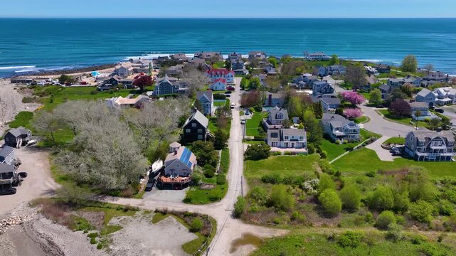 Historic residential houses aerial view on First Cliff village at Scituate Harbor, town of Scituate, Massachusetts MA, USA. 