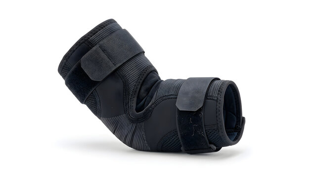 Black elbow support brace isolated on transparent background for medical injury recovery