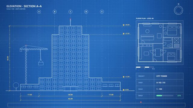 Architectural blueprint of a modern skyscraper with floor plan and construction crane.