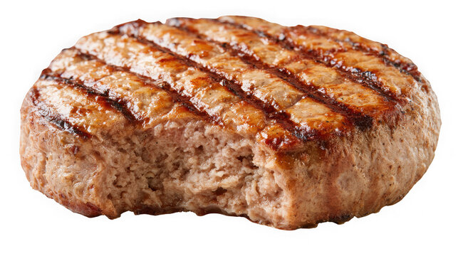 Grilled beef burger patty with a bite taken out isolated