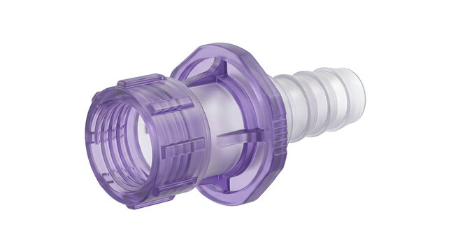 Purple enteral feeding tube connector isolated on transparent background for medical use