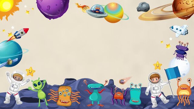Cartoon Outer Space Border Animation with Astronauts and Alien Characters