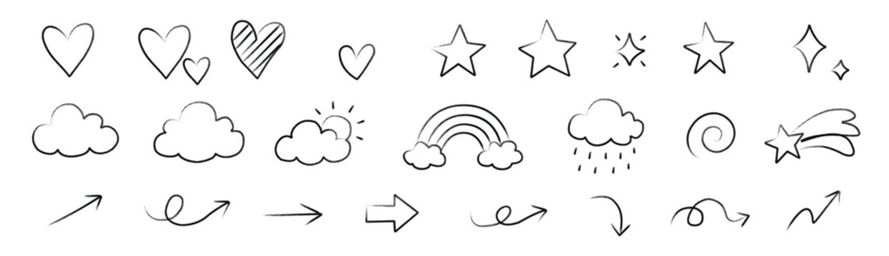 Doodle Symbols. Hand Drawn Speech Bubbles Frames Arrows and Icons