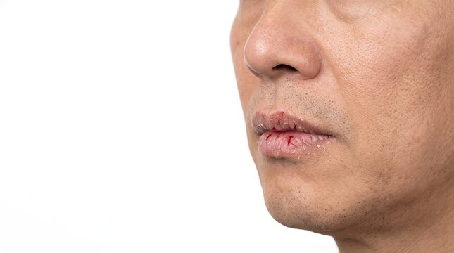 Macro shot of male face with severely chapped cracked and bleeding lips, winter dry skin problem