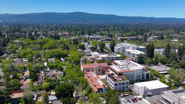 Mountain View historic city center aerial view on Mercy Street including City Hall and Center for the Performing Arts, Mountain View, California CA, USA. 