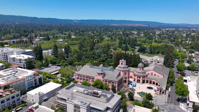 Mountain View historic city center aerial view on Mercy Street including City Hall and Center for the Performing Arts, Mountain View, California CA, USA. 