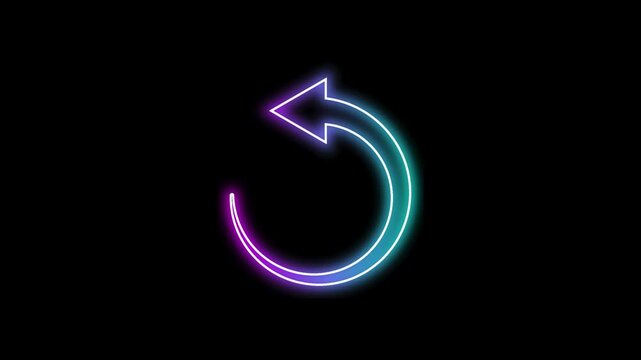 Cyan and purple circular arrow reload icon with two tone neon color shade motion graphic on isolated black background. Cyan and purple light moving for overlay element. 4K footage video effect seamles