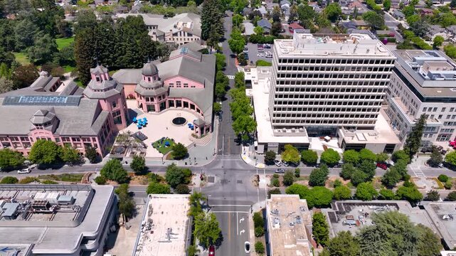 Mountain View historic city center aerial view on Mercy Street including City Hall and Center for the Performing Arts, Mountain View, California CA, USA. 