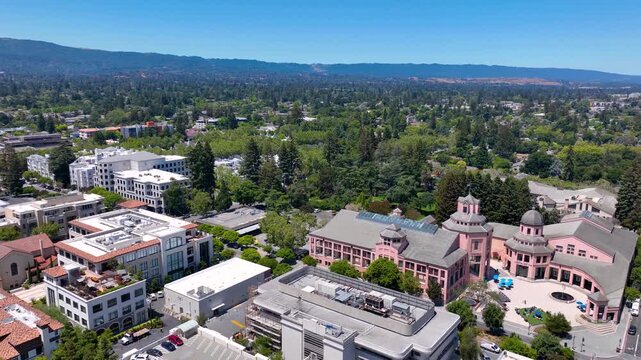 Mountain View historic city center aerial view on Mercy Street including City Hall and Center for the Performing Arts, Mountain View, California CA, USA. 