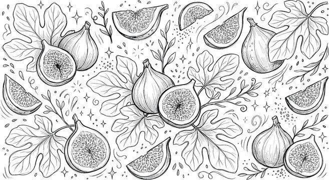 hand drawn line art seamlessly arranged fresh fig fruit slices leaves botanical sketch monochrome background pattern doodle vector illustration