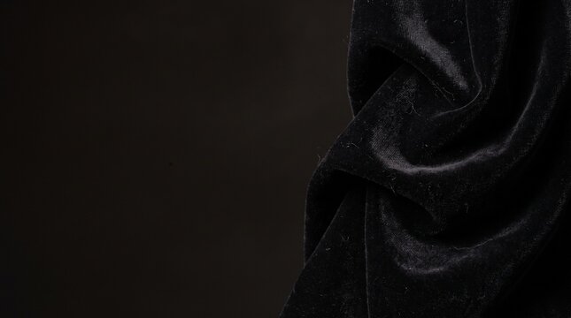 Luxurious black velvet fabric with smooth folds and deep shadows, elegant textile background