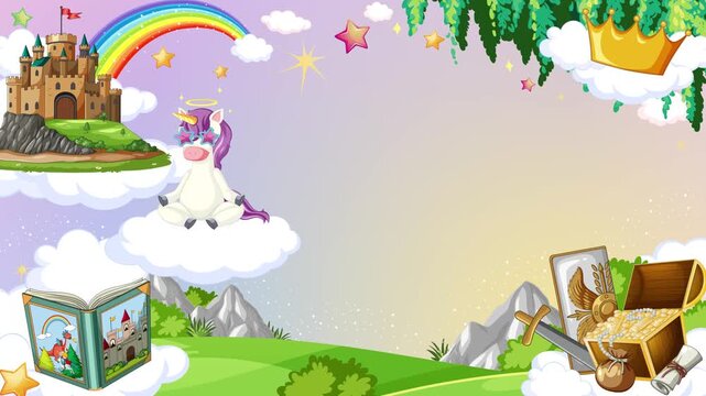 Fairytale Fantasy Animation with Castle Rainbow Unicorn and Treasure