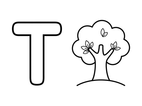 Capital letter T with matching tree outline drawing for children coloring book page educational typography activity featuring bold black outlines on clean white background