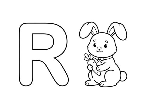 Cute cartoon rabbit holding a delicious carrot next to uppercase letter R for educational children alphabet coloring book page vector illustration graphic design element