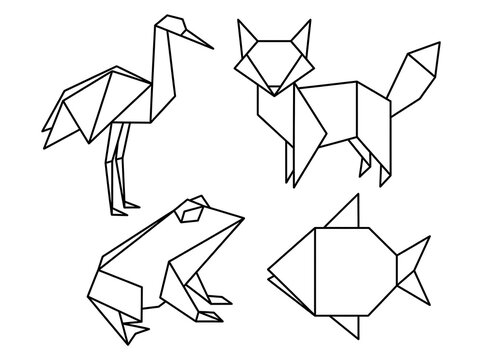Minimalist black outline vector set featuring geometric origami animals including a elegant crane clever fox resting frog and simple fish drawn in clean sharp modern graphical flat linear style