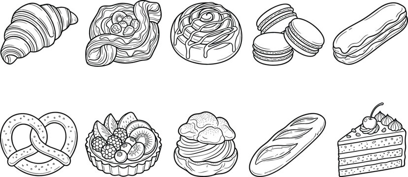 Hand Drawn Bakery and Pastry Icon Set with Croissant, Pretzel, Macarons, Cake Slice, and Bread for Cafe Menus and Bakery Branding Designs