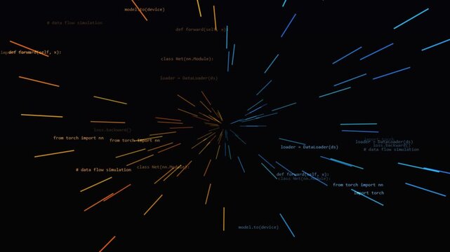Python code lines and data streams rushing outward dynamically against dark digital space background simulation