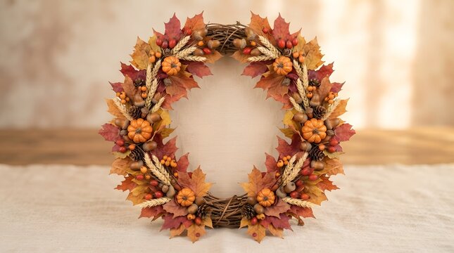 Autumn wreath with orange pumpkins leaves and flowers on wooden table