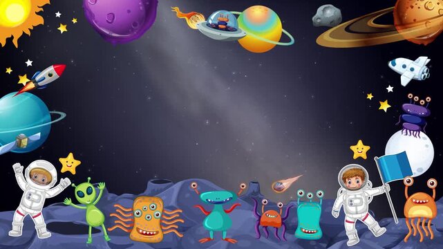 Cartoon Outer Space Border Frame with Astronauts and Aliens