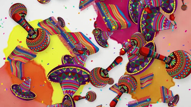 Mexican Sombreros, Maracas, and Serape Blankets Falling Over Watercolor Splashes