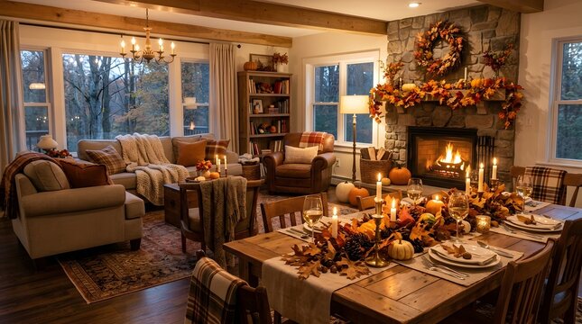 Cozy autumn living room with fireplace and decorated dining table