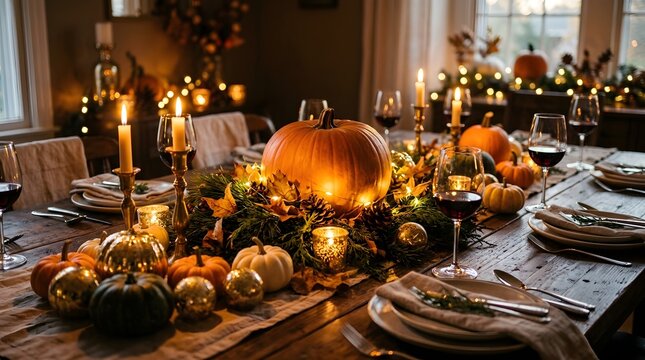 Thanksgiving autumn harvest table with pumpkins candles and wine glasses