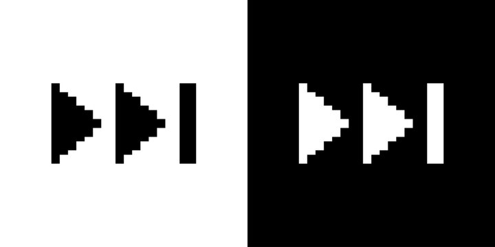 Pixel art fast forward next track media player icon set in black and white retro style