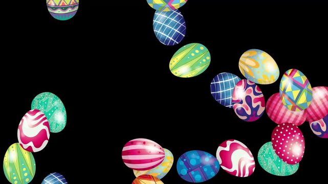 Colorful Patterned Easter Eggs Falling Against a Black Background