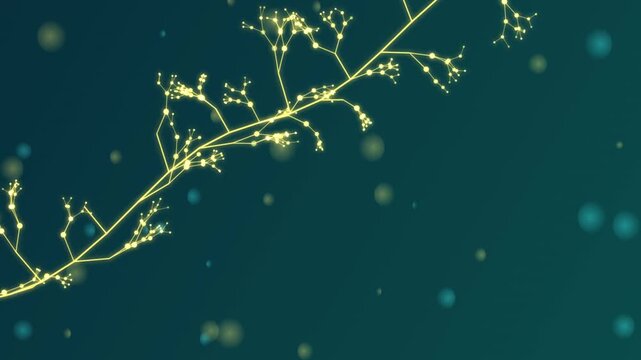 Glowing yellow digital tree branch network growing with interconnected glowing nodes against dark teal background