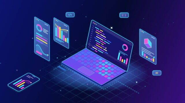 Modern software development workflow with coding on laptop and mobile apps displaying charts and graphs