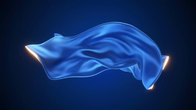 Elegant blue silk fabric floating in air with glowing golden edges on dark background 4K Generative AI