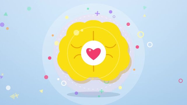 Yellow brain illustration with a red heart symbol in the center against a blue background.