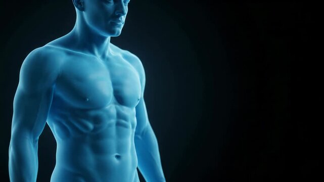 Human Body Weight Loss Transformation - Morphing from Overweight to Muscular Fit Torso with Abs - 3D Medical Animation Blue Glowing 4K Footage