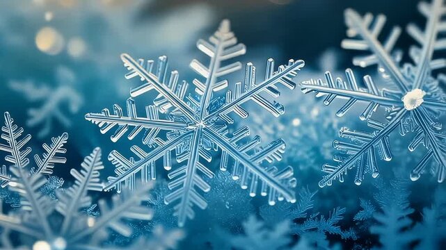 Macro Close Up of Intricate Transparent Snowflakes and Ice Crystals on Frosty Winter Blue Background 4K Generative AI