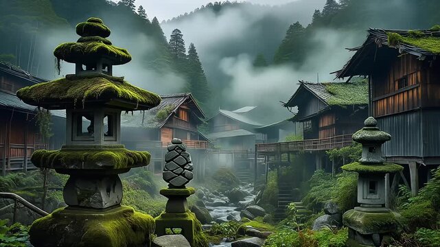 Ethereal Mossy Stone Lanterns in a Misty Ancient Japanese Village Mountain Valley Landscape 4K Generative AI