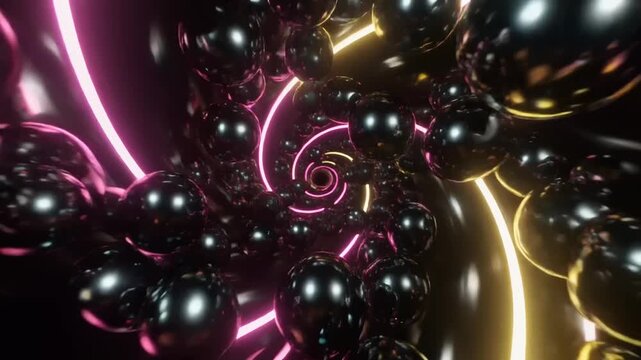 Futuristic spiral tunnel featuring glossy black spheres and vibrant neon glowing light lines in motion 4K Generative AI