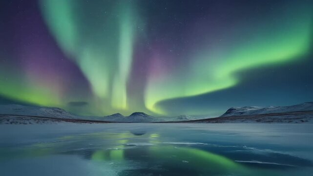 Vibrant Aurora Borealis Dancing Over A Frozen Arctic Lake With Distant Snowy Mountain Peaks 4K Generative AI