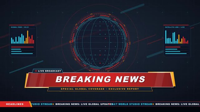 Seamlessly looping 10-second 2D flat vector breaking news broadcast motion background featuring a spinning world globe, pulsing signal rings, futuristic HUD data panels, and a scrolling news ticker ba