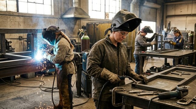 Skilled industrial workers are expertly welding metal components together inside a bustling factory workshop with bright sparks flying everywhere