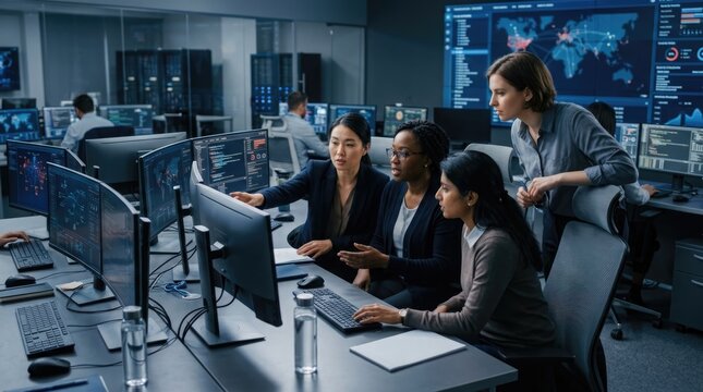 A dedicated team of cybersecurity experts working together in a modern high tech security operations center closely monitoring complex network systems
