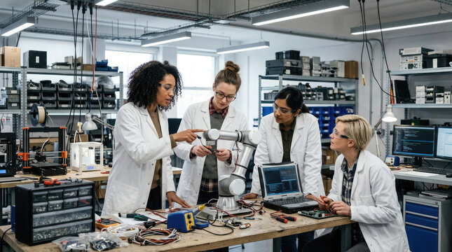 A diverse group of professional scientists are working together on important research inside a bright modern laboratory filled with high tech