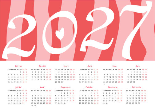 Calendrier 2027 avec tous les mois en fran&ccedil;ais et des rayures rouges et roses pour planifier son ann&eacute;e dans la joie et la bonne humeur. Semaine du lundi au dimanche avec un marqueur pour les week-ends